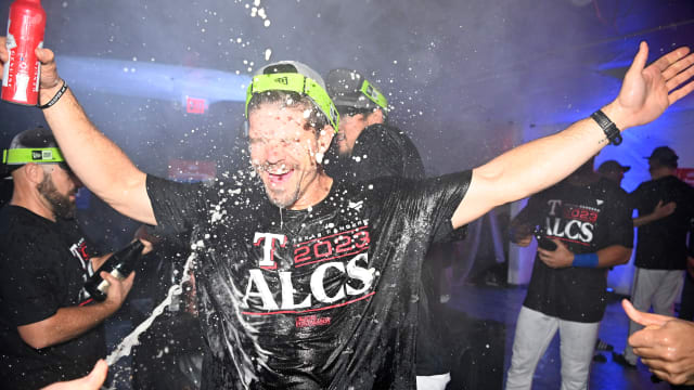 The Texas Rangers celebrate after sweeping the Baltimore Orioles in Game 3 of the ALDS Tuesday night at Globe Life Field.